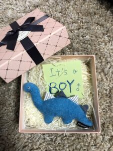 箱に入った青い恐竜のおもちゃ