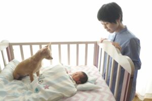 ベビーベッドの中にいる赤ちゃんと見つめる母親